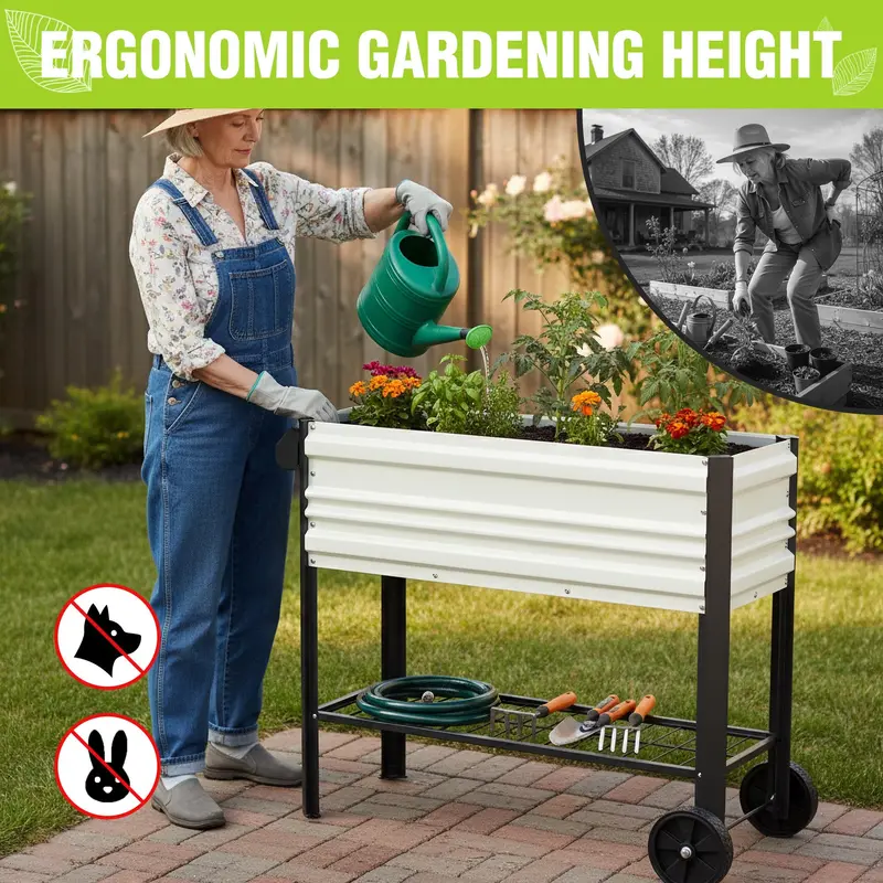 WORKPRO 37 Zoll Außen-Gartenbeet aus verzinktem Stahl mit Beinen und Rollen, weiß