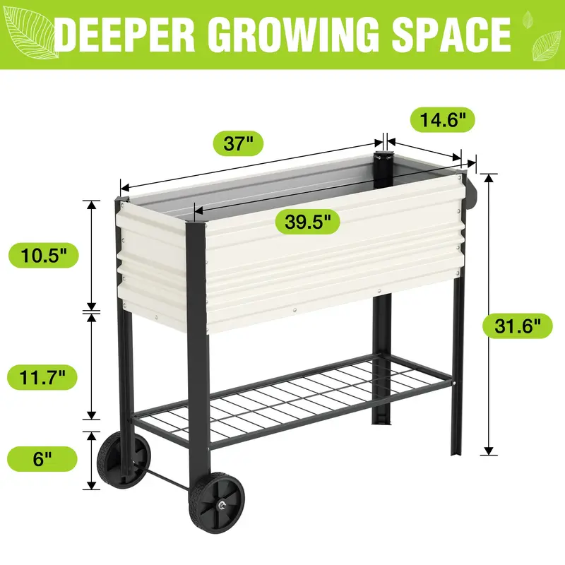 WORKPRO 37 Zoll Außen-Gartenbeet aus verzinktem Stahl mit Beinen und Rollen, weiß