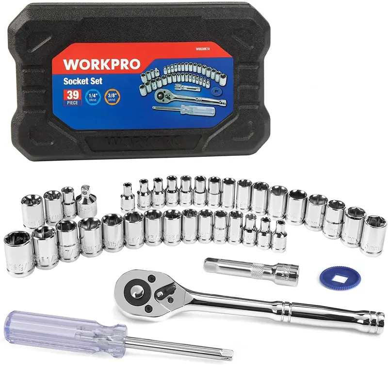 WORKPRO 39-teiliges Steckschlüssel-Set mit Ratsche für Mechaniker – inkl. Werkzeugkasten, metrisch und SAE