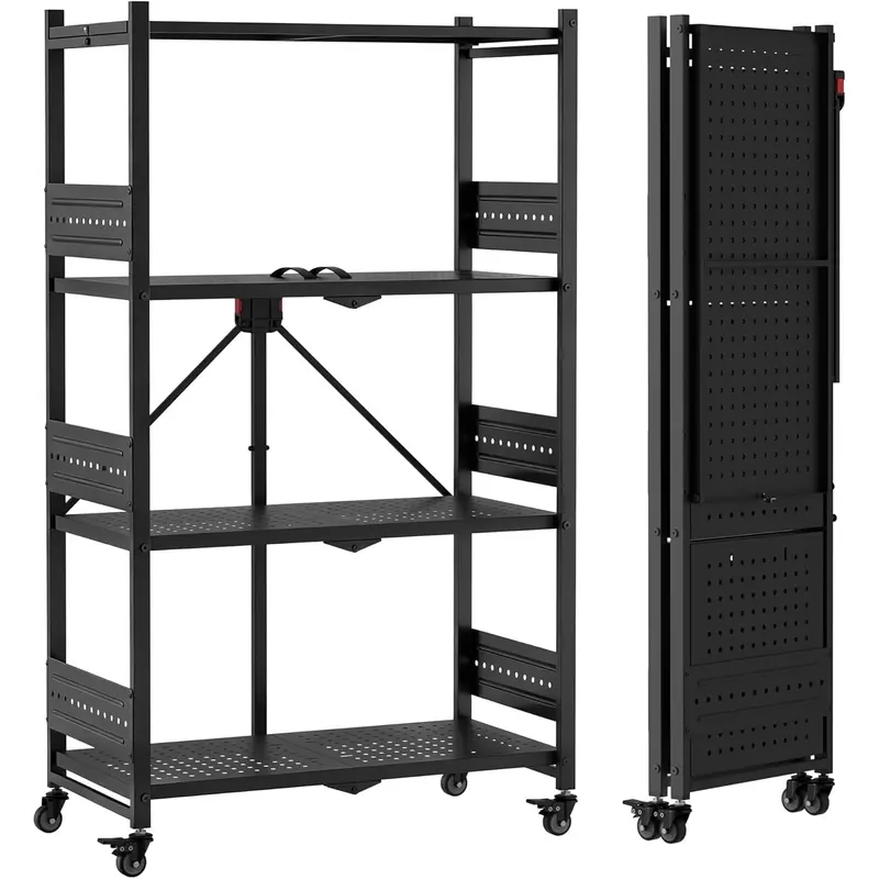 WORKPRO 4-Ebenen-Klappregal, montagefreies Metall-Lagergestell mit Rollen, Tragfähigkeit bis 272 kg (mit Ausgleichsfüßen), zusammenklappbares Regalsystem zur Organisation in Küche, Vorratsraum, Bad und Kleiderschrank