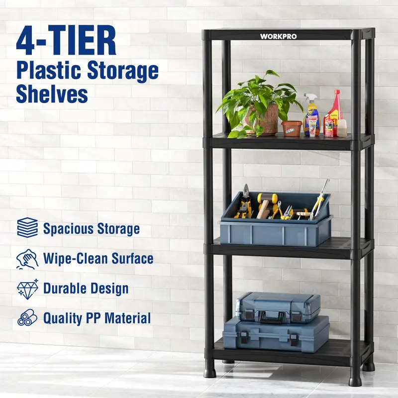 WORKPRO 4-Etagen-Plastik-Aufbewahrungsregal, schwarzes freistehendes Utility-Organisationssystem für Garage, Waschküche und Keller 2