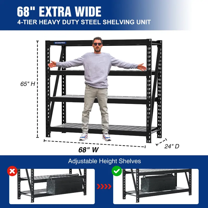 WORKPRO 4-Regal-Metall-Garagenregal, 172,7 cm (B) × 61 cm (T) × 165,1 cm (H), Tragkraft bis zu 3266 kg, robustes Industrie-Regal mit höhenverstellbaren Böden