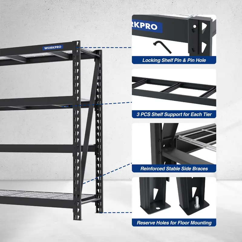 WORKPRO 4-Regal-Metall-Garagenregal, 172,7 cm (B) × 61 cm (T) × 165,1 cm (H), Tragkraft bis zu 3266 kg, robustes Industrie-Regal mit höhenverstellbaren Böden