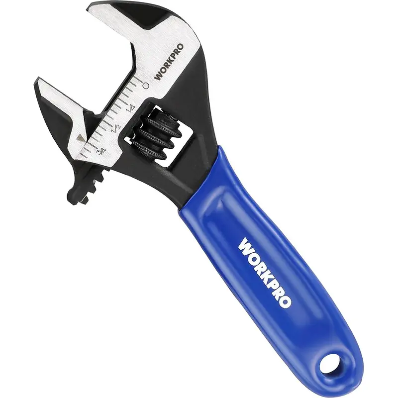 WORKPRO 4-Zoll-Mini-Verstellbarer Schraubenschlüssel, Cr-V-Stahl mit breitem Maul und schwarzer Oxidschicht für kleine Muttern, mit metrischer und SAE-Skala, geeignet für Heim-, Werkstatt- und DIY-Anwendungen