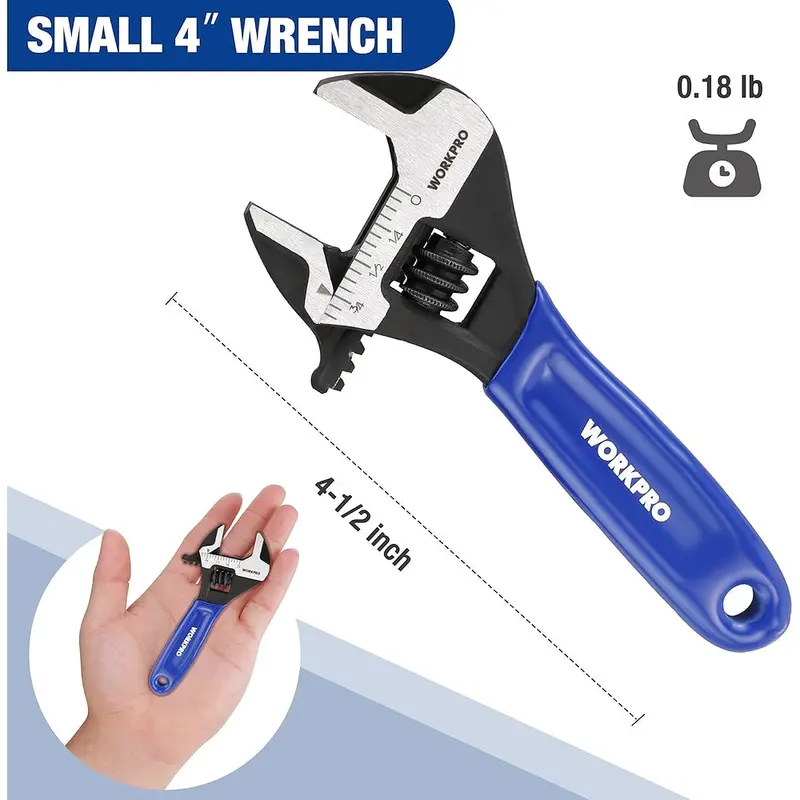 WORKPRO 4-Zoll-Mini-Verstellbarer Schraubenschlüssel, Cr-V-Stahl mit breitem Maul und schwarzer Oxidschicht für kleine Muttern, mit metrischer und SAE-Skala, geeignet für Heim-, Werkstatt- und DIY-Anwendungen