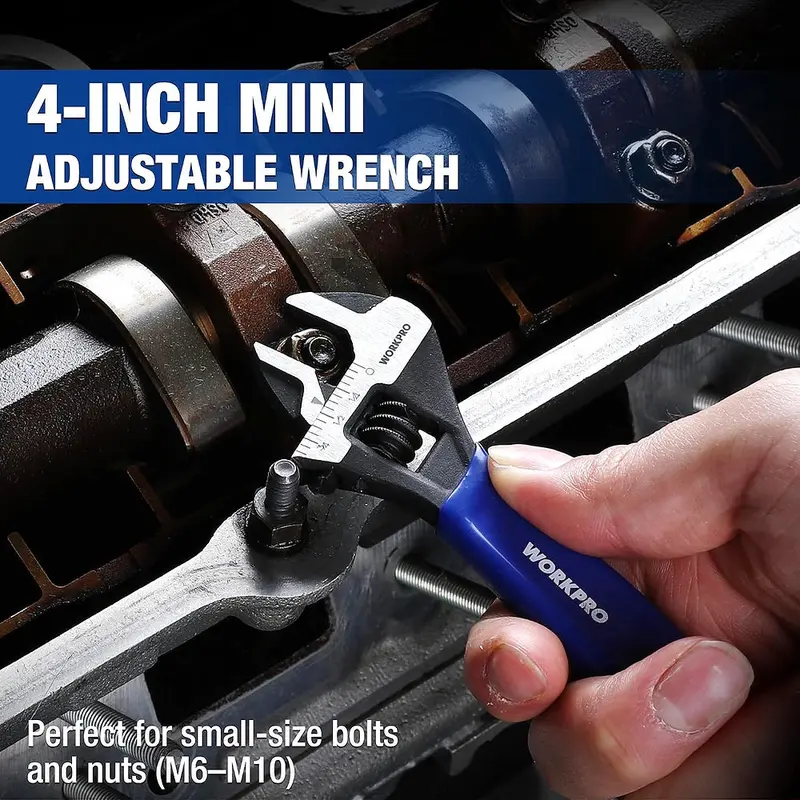 WORKPRO 4-Zoll-Mini-Verstellbarer Schraubenschlüssel, Cr-V-Stahl mit breitem Maul und schwarzer Oxidschicht für kleine Muttern, mit metrischer und SAE-Skala, geeignet für Heim-, Werkstatt- und DIY-Anwendungen
