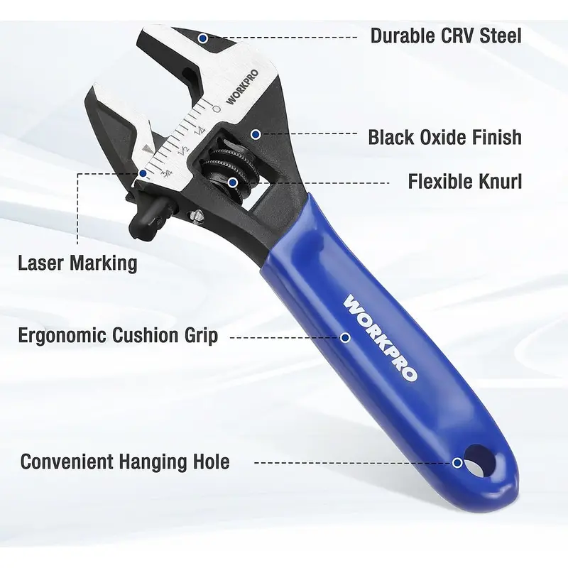 WORKPRO 4-Zoll-Mini-Verstellbarer Schraubenschlüssel, Cr-V-Stahl mit breitem Maul und schwarzer Oxidschicht für kleine Muttern, mit metrischer und SAE-Skala, geeignet für Heim-, Werkstatt- und DIY-Anwendungen