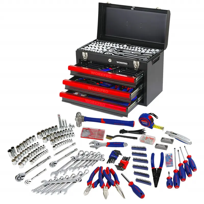 WORKPRO 408-teiliges Mechaniker-Handwerkzeug-Set mit 3-Schubladen-Metallbox für schwere Beanspruchung