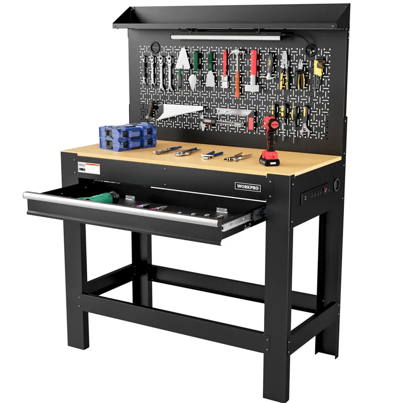 WORKPRO 45" Hochleistungs-Arbeitsbank mit 360 kg Tragkraft, Lochwand, Stauraum, Steckdosen und LED-Beleuchtung
