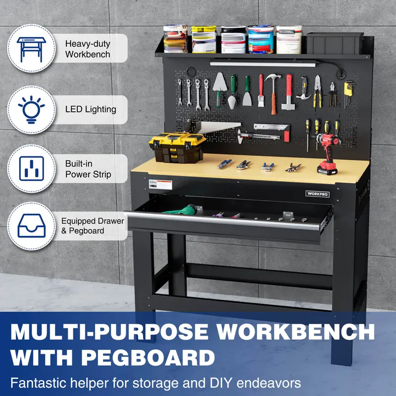 WORKPRO 45" Hochleistungs-Arbeitsbank mit 360 kg Tragkraft, Lochwand, Stauraum, Steckdosen und LED-Beleuchtung