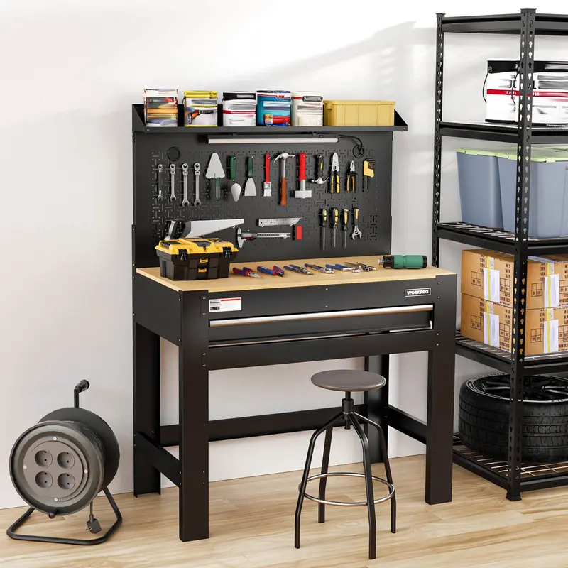 WORKPRO 45" Hochleistungs-Arbeitsbank mit 360 kg Tragkraft, Lochwand, Stauraum, Steckdosen und LED-Beleuchtung