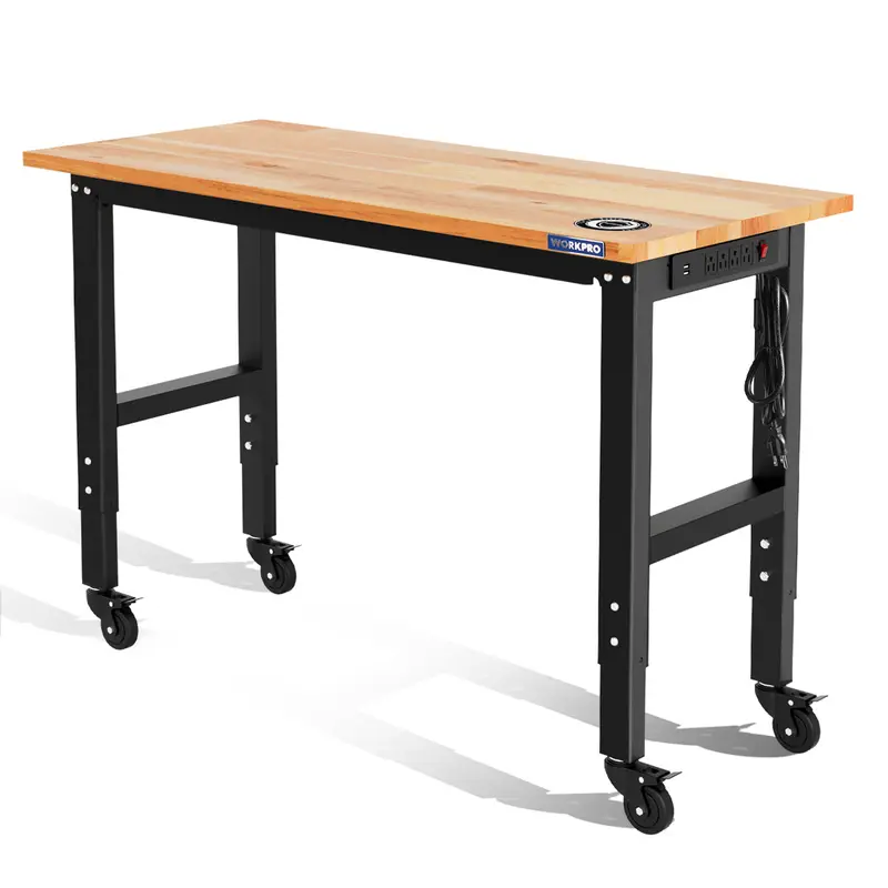 WORKPRO 48" × 22" verstellbare Hochleistungs-Arbeitsbank mit Gummiholz-Arbeitsplatte, Rollen und Steckdosen – statische Traglast bis zu 454 kg