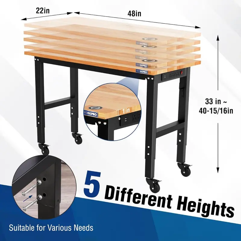 WORKPRO 48" × 22" verstellbare Hochleistungs-Arbeitsbank mit Gummiholz-Arbeitsplatte, Rollen und Steckdosen – statische Traglast bis zu 454 kg