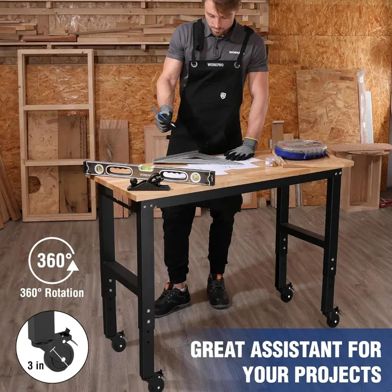 WORKPRO 48" × 22" verstellbare Hochleistungs-Arbeitsbank mit Gummiholz-Arbeitsplatte, Rollen und Steckdosen – statische Traglast bis zu 454 kg