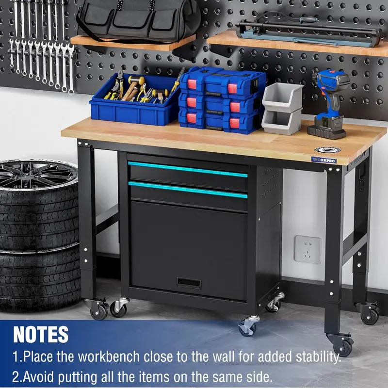 WORKPRO 48" × 22" verstellbare Hochleistungs-Arbeitsbank mit Gummiholz-Arbeitsplatte, Rollen und Steckdosen – statische Traglast bis zu 454 kg