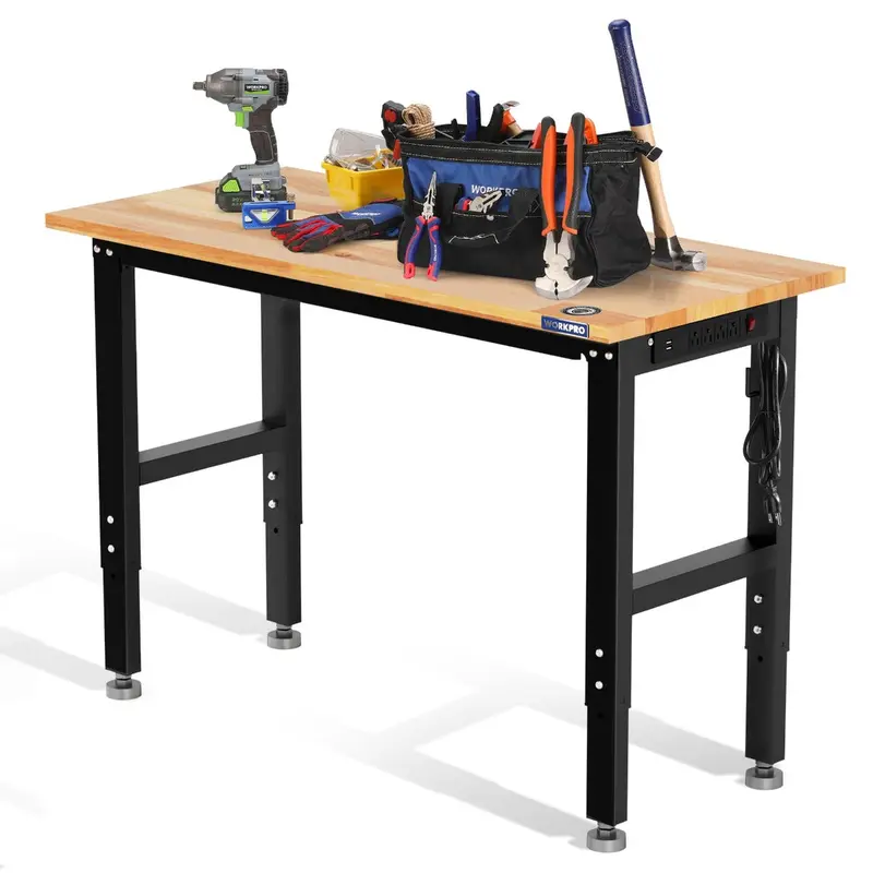 WORKPRO 48" x 22" verstellbare Werkbank mit 680 kg Traglast, Massivholz-Arbeitsfläche mit Steckdosen und ausgleichbaren Standfüßen