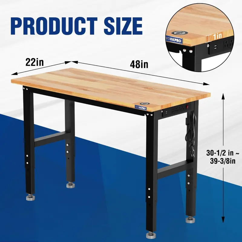 WORKPRO 48" x 22" verstellbare Werkbank mit 680 kg Traglast, Massivholz-Arbeitsfläche mit Steckdosen und ausgleichbaren Standfüßen 2