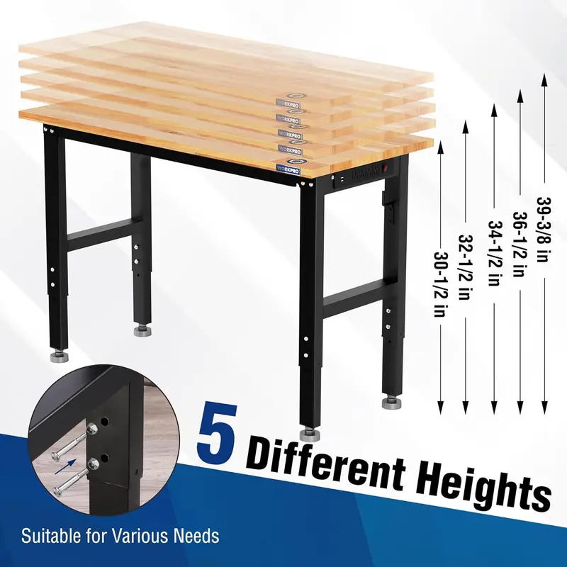 WORKPRO 48" x 22" verstellbare Werkbank mit 680 kg Traglast, Massivholz-Arbeitsfläche mit Steckdosen und ausgleichbaren Standfüßen