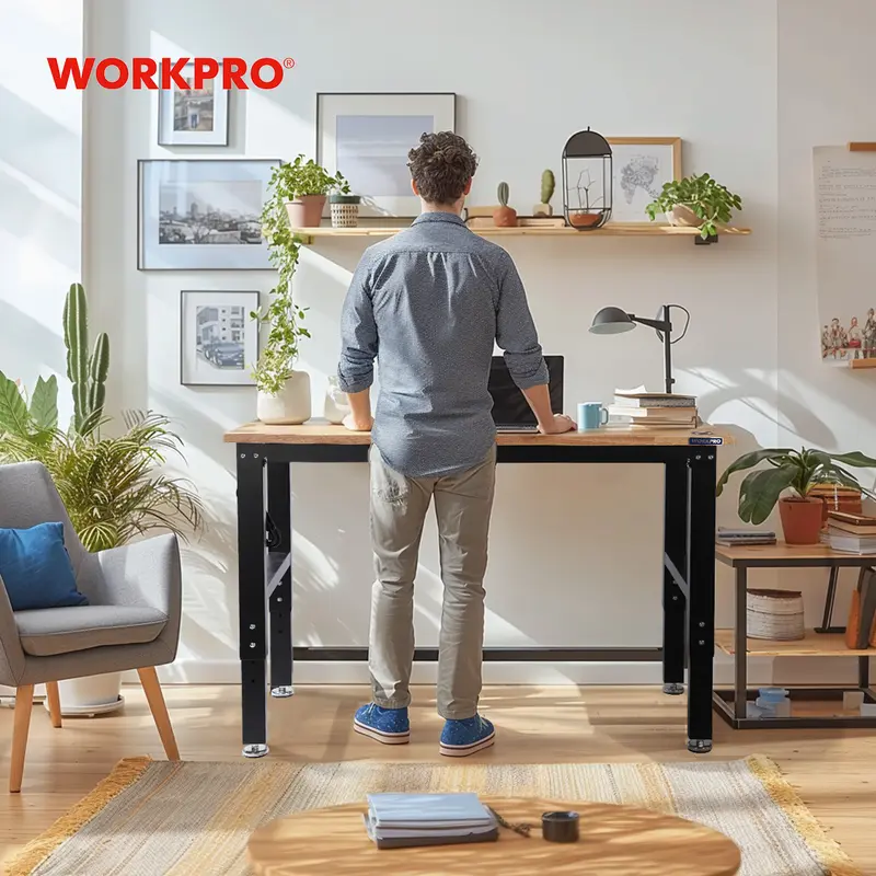 WORKPRO 48" x 22" verstellbare Werkbank mit 680 kg Traglast, Massivholz-Arbeitsfläche mit Steckdosen und ausgleichbaren Standfüßen
