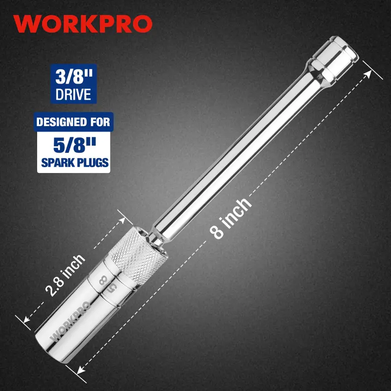WORKPRO 5/8" magnetische Drehbuchse für Zündkerzen mit Dünnwand-Aufsatz, 3/8" Antrieb, Gesamtlänge 20 cm 2