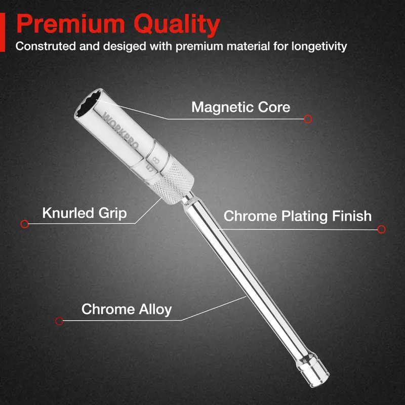 WORKPRO 5/8" magnetische Drehbuchse für Zündkerzen mit Dünnwand-Aufsatz, 3/8" Antrieb, Gesamtlänge 20 cm