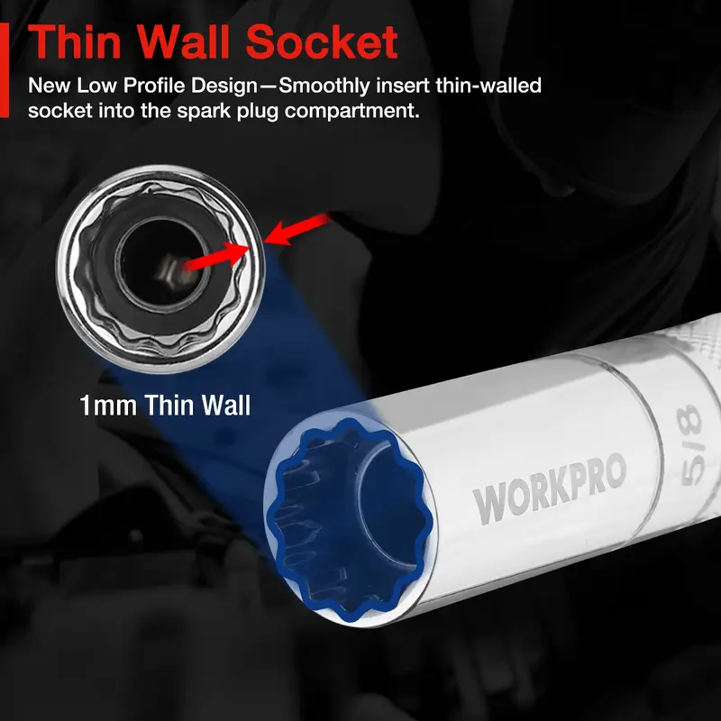 WORKPRO 5/8" magnetische Drehbuchse für Zündkerzen mit Dünnwand-Aufsatz, 3/8" Antrieb, Gesamtlänge 20 cm