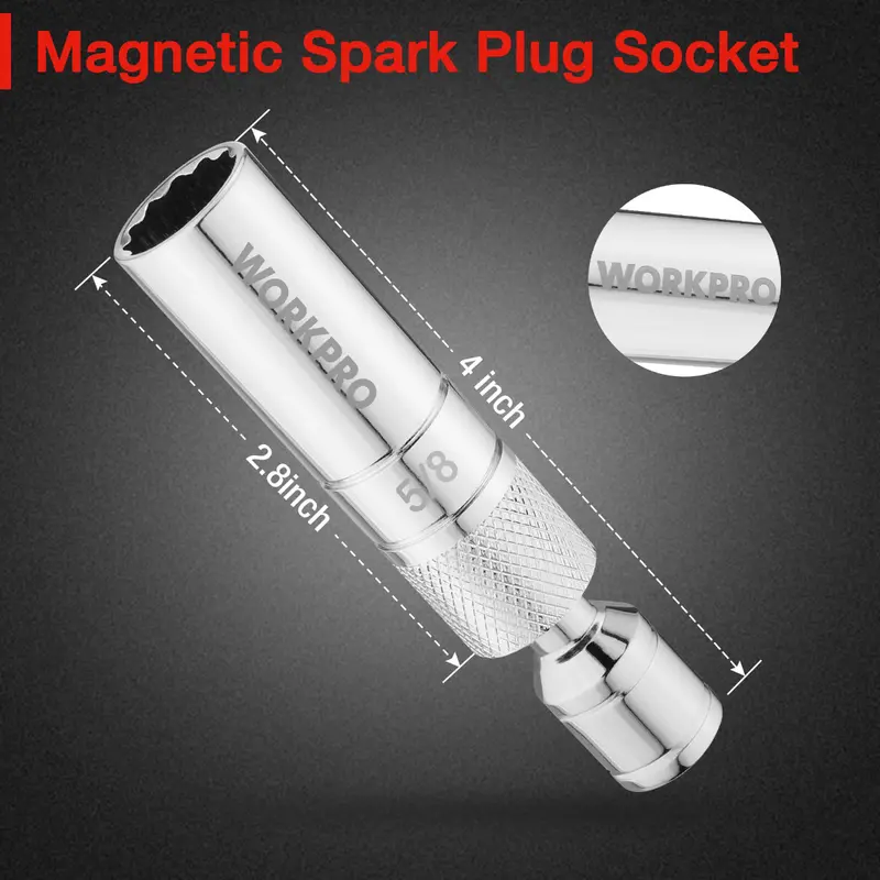 WORKPRO 5/8" magnetische Drehbuchse für Zündkerzen mit Dünnwand-Aufsatz, 3/8" Antrieb, Gesamtlänge 4" 2