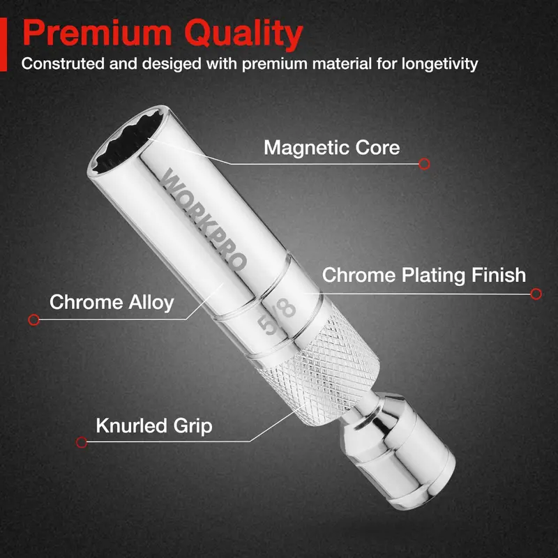 WORKPRO 5/8" magnetische Drehbuchse für Zündkerzen mit Dünnwand-Aufsatz, 3/8" Antrieb, Gesamtlänge 4"