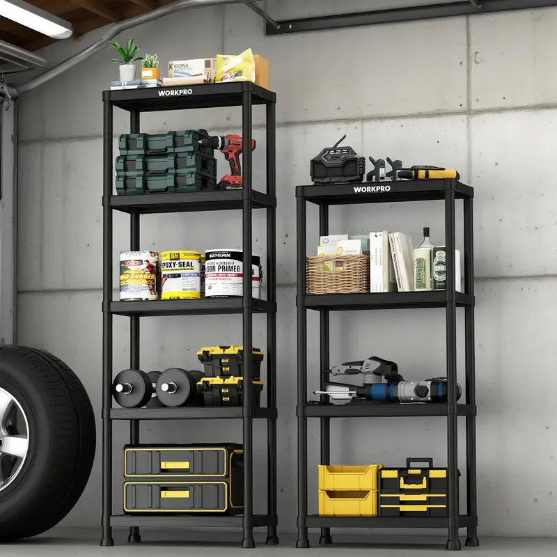 WORKPRO 5-Etagen-Plastik-Aufbewahrungsregal, schwarzes freistehendes Utility-Organisationssystem für Garage, Waschküche und Keller 2