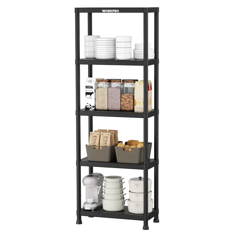 WORKPRO 5-Etagen-Plastik-Aufbewahrungsregal, schwarzes freistehendes Utility-Organisationssystem für Garage, Waschküche und Keller