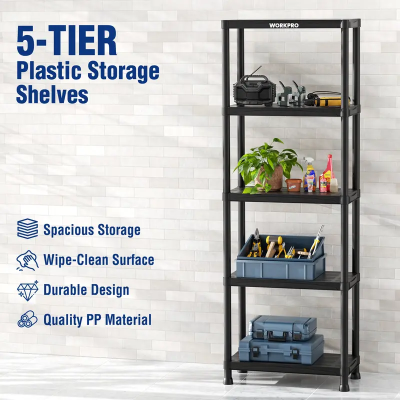 WORKPRO 5-Etagen-Plastik-Aufbewahrungsregal, schwarzes freistehendes Utility-Organisationssystem für Garage, Waschküche und Keller