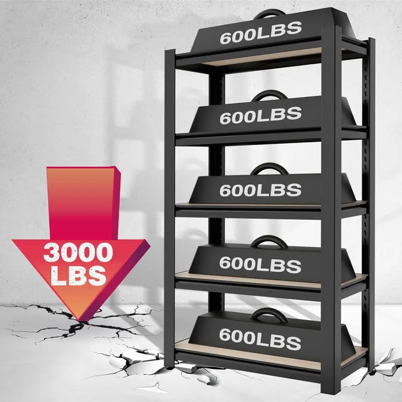 WORKPRO 5-stufiges, schwerlastfähiges Metall-Regal aus Spanplatten, Tragfähigkeit bis zu 3000 lbs – Schwarz