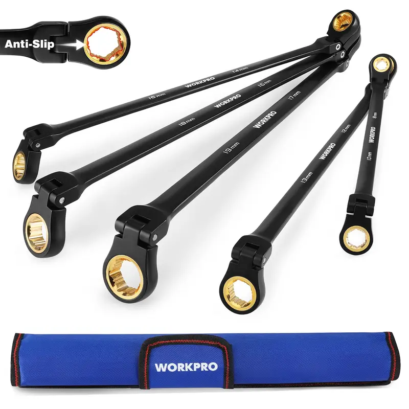 WORKPRO 5-teiliges Anti-Rutsch-Doppelkastenschlüssel-Set mit extra langem Flex-Kopf und Ratschenmechanismus sowie Aufbewahrungstasche, metrisch (8–19 mm)