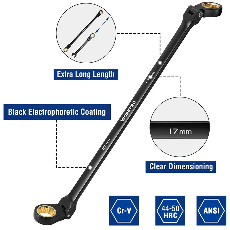WORKPRO 5-teiliges Anti-Rutsch-Doppelkastenschlüssel-Set mit extra langem Flex-Kopf und Ratschenmechanismus sowie Aufbewahrungstasche, metrisch (8–19 mm)