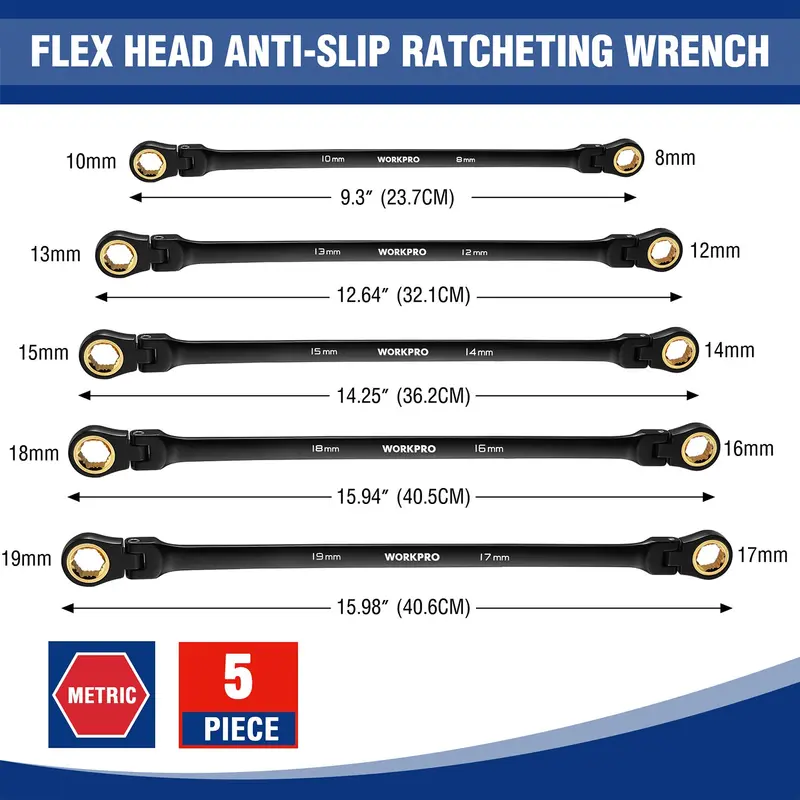 WORKPRO 5-teiliges Anti-Rutsch-Doppelkastenschlüssel-Set mit extra langem Flex-Kopf und Ratschenmechanismus sowie Aufbewahrungstasche, metrisch (8–19 mm)