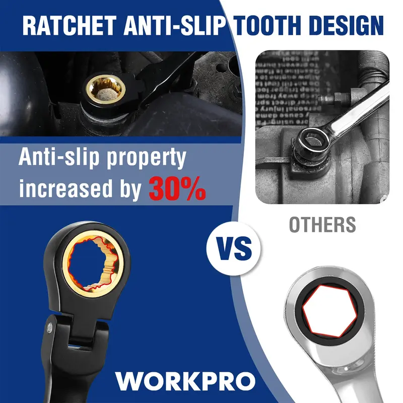 WORKPRO 5-teiliges Anti-Rutsch-Doppelkastenschlüssel-Set mit extra langem Flex-Kopf und Ratschenmechanismus sowie Aufbewahrungstasche, metrisch (8–19 mm)