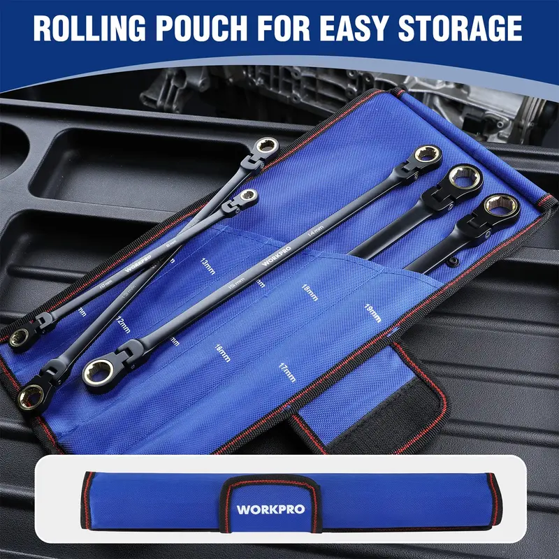 WORKPRO 5-teiliges Anti-Rutsch-Doppelkastenschlüssel-Set mit extra langem Flex-Kopf und Ratschenmechanismus sowie Aufbewahrungstasche, metrisch (8–19 mm)