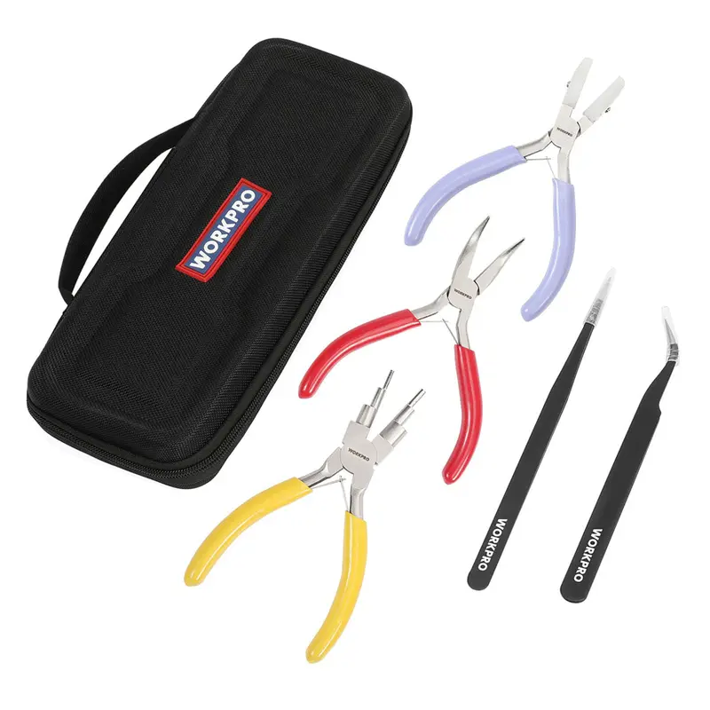 WORKPRO 5-teiliges Schmuckzangen-Set: Schmuckwerkzeug mit 6-in-1-Drahtschlaufen-Zange, Nylon-Spitzzange, gebogener Spitzzange, spitzen Pinzetten und gebogenen Pinzetten