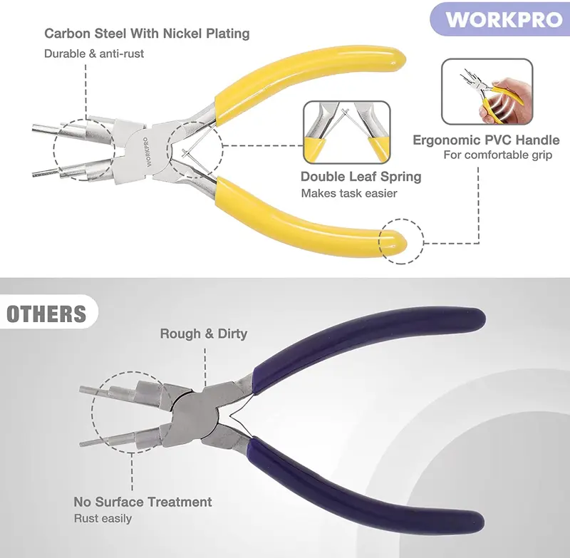 WORKPRO 5-teiliges Schmuckzangen-Set: Schmuckwerkzeug mit 6-in-1-Drahtschlaufen-Zange, Nylon-Spitzzange, gebogener Spitzzange, spitzen Pinzetten und gebogenen Pinzetten