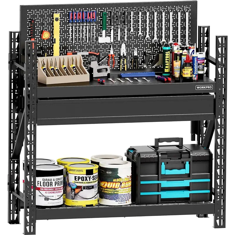 WORKPRO 50" schwere Stahl-Arbeitsbank mit Lochwand und Schublade, Garage-Arbeitsbank mit 1442 kg Tragkraft, stabile Regale, Werkzeugaufbewahrung für Garage, Werkstatt und Holzverarbeitung
