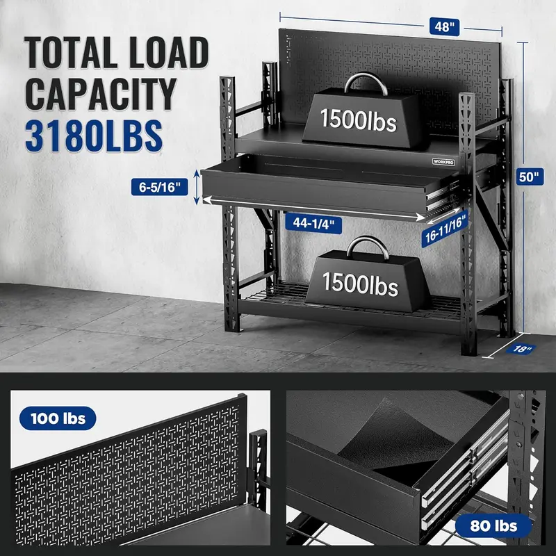 WORKPRO 50" schwere Stahl-Arbeitsbank mit Lochwand und Schublade, Garage-Arbeitsbank mit 1442 kg Tragkraft, stabile Regale, Werkzeugaufbewahrung für Garage, Werkstatt und Holzverarbeitung