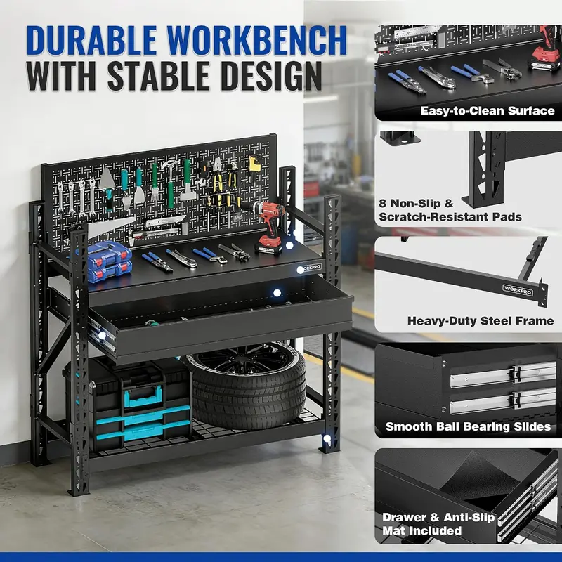 WORKPRO 50" schwere Stahl-Arbeitsbank mit Lochwand und Schublade, Garage-Arbeitsbank mit 1442 kg Tragkraft, stabile Regale, Werkzeugaufbewahrung für Garage, Werkstatt und Holzverarbeitung