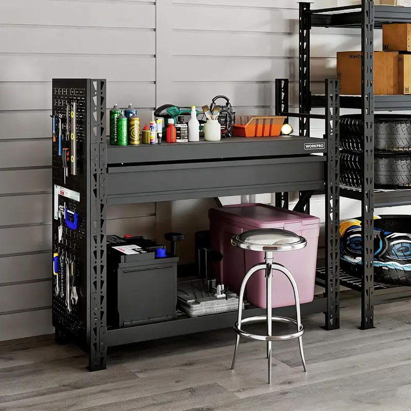 WORKPRO 50" schwere Stahl-Arbeitsbank mit Lochwand und Schublade, Garage-Arbeitsbank mit 1442 kg Tragkraft, stabile Regale, Werkzeugaufbewahrung für Garage, Werkstatt und Holzverarbeitung