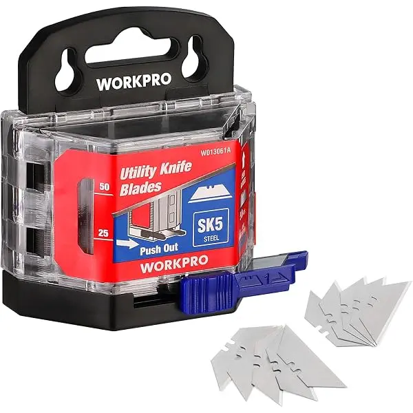 WORKPRO 50-teiliges Set für Universalmesser-Blätter mit Spender, SK5-Stahl-Klappmesser, Standard-Blätter als Ersatz für Universalmesser