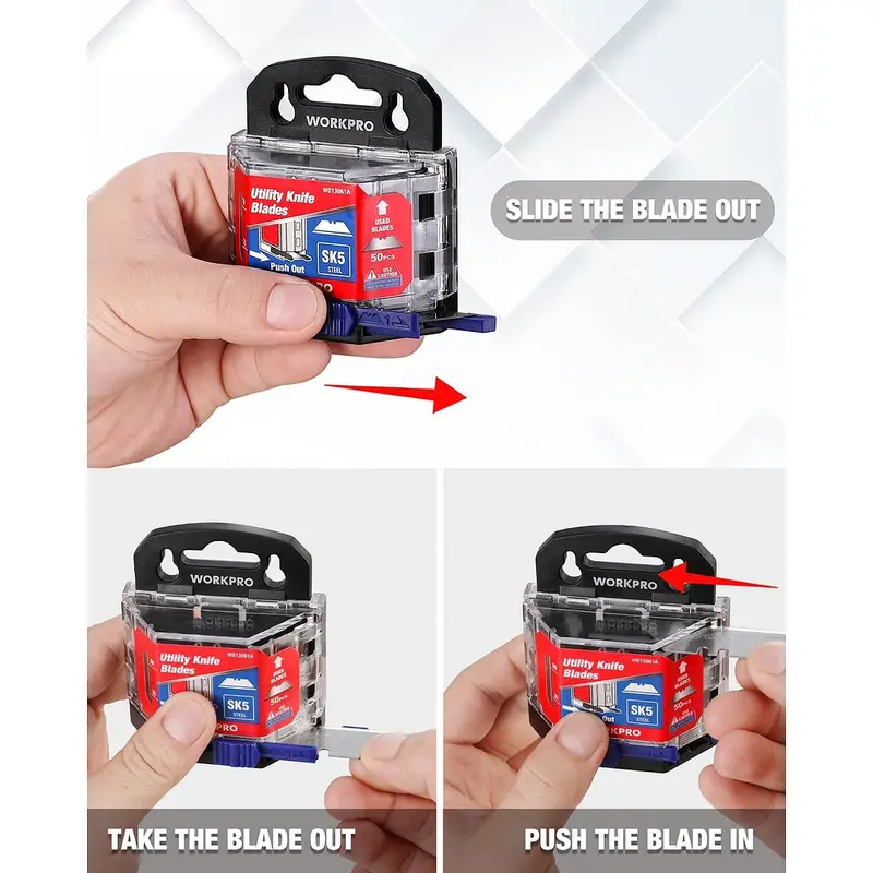 WORKPRO 50-teiliges Set für Universalmesser-Blätter mit Spender, SK5-Stahl-Klappmesser, Standard-Blätter als Ersatz für Universalmesser