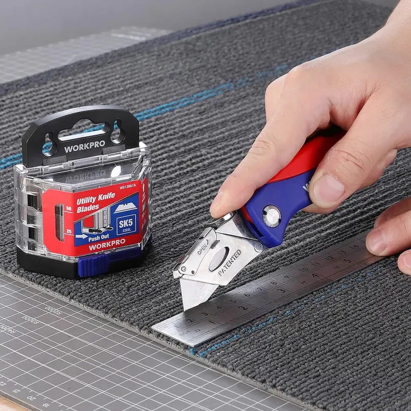 WORKPRO 50-teiliges Set für Universalmesser-Blätter mit Spender, SK5-Stahl-Klappmesser, Standard-Blätter als Ersatz für Universalmesser
