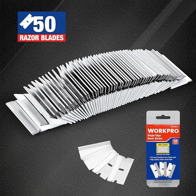 WORKPRO 50er-Pack Einseitige Rasierklingen, industrielle Schaber-Klingen, Einseitige Rasierklingen aus hochwertigem Kohlenstoffstahl