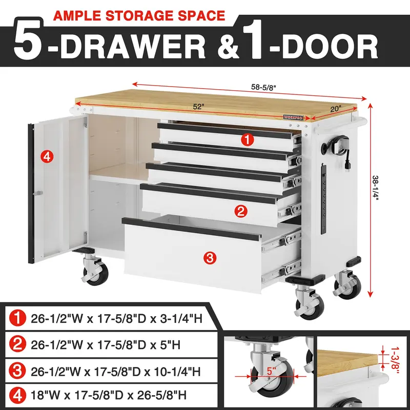 WORKPRO 52" Rollbare Werkzeugkiste mit Rädern, 5-Schubladen-Modell mit Schrank 2