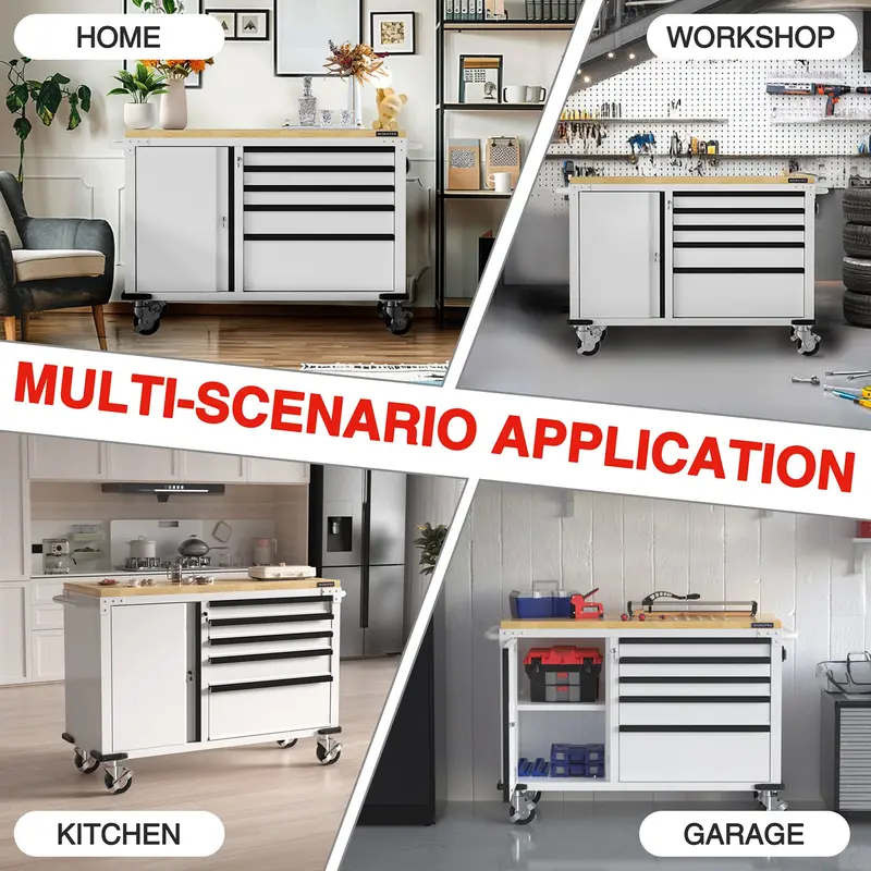 WORKPRO 52" Rollbare Werkzeugkiste mit Rädern, 5-Schubladen-Modell mit Schrank