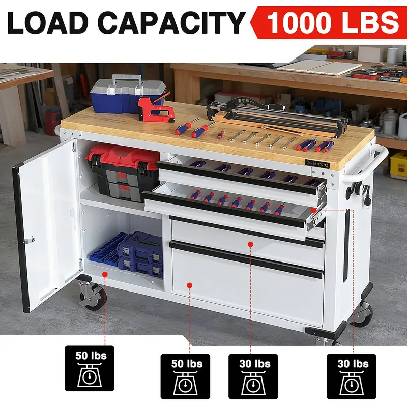WORKPRO 52" Rollbare Werkzeugkiste mit Rädern, 5-Schubladen-Modell mit Schrank